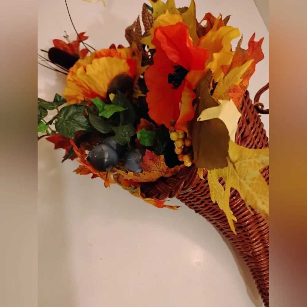 Autumn Cornucopia with Orange & Yellow Accents Of Harvest Flowers Leaves Berries